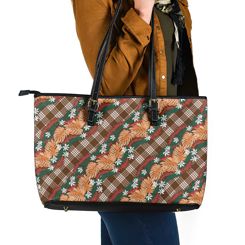 Polynesian Monstera Tiare Floral Leather Tote Bag Chocolate Brown Tropical Plaid - Polynesian Pride