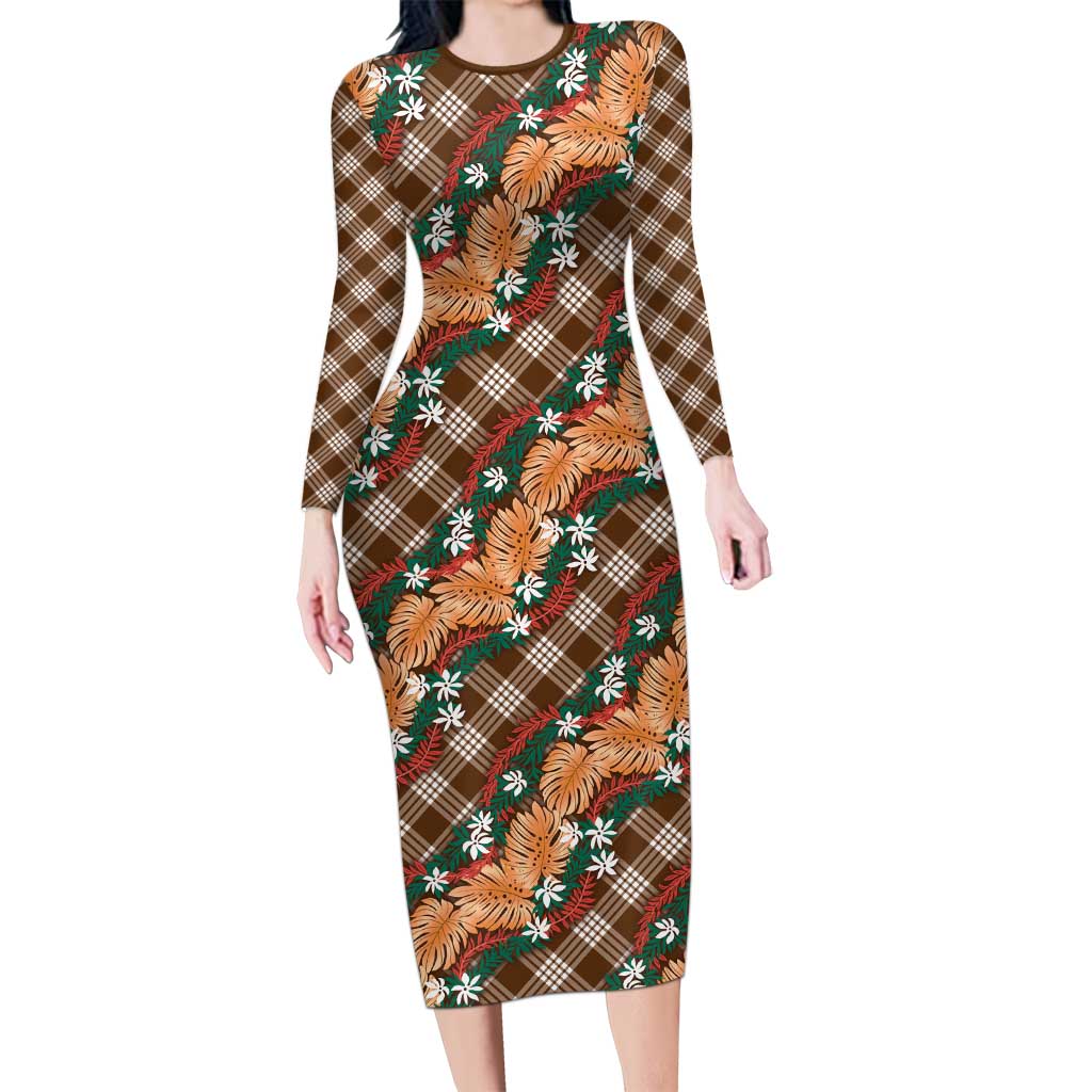 Polynesian Monstera Tiare Floral Long Sleeve Bodycon Dress Chocolate Brown Tropical Plaid - Polynesian Pride