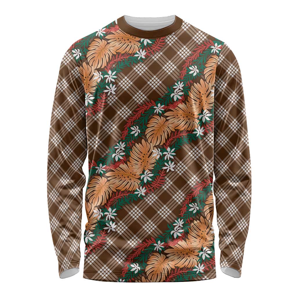 Polynesian Monstera Tiare Floral Long Sleeve Shirt Chocolate Brown Tropical Plaid - Polynesian Pride