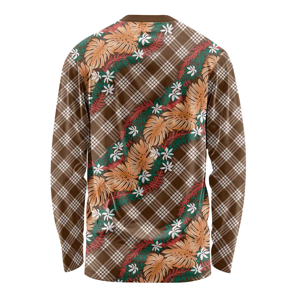 Polynesian Monstera Tiare Floral Long Sleeve Shirt Chocolate Brown Tropical Plaid - Polynesian Pride