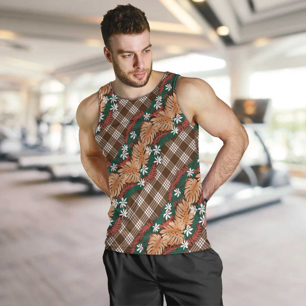 Polynesian Monstera Tiare Floral Men Tank Top Chocolate Brown Tropical Plaid - Polynesian Pride