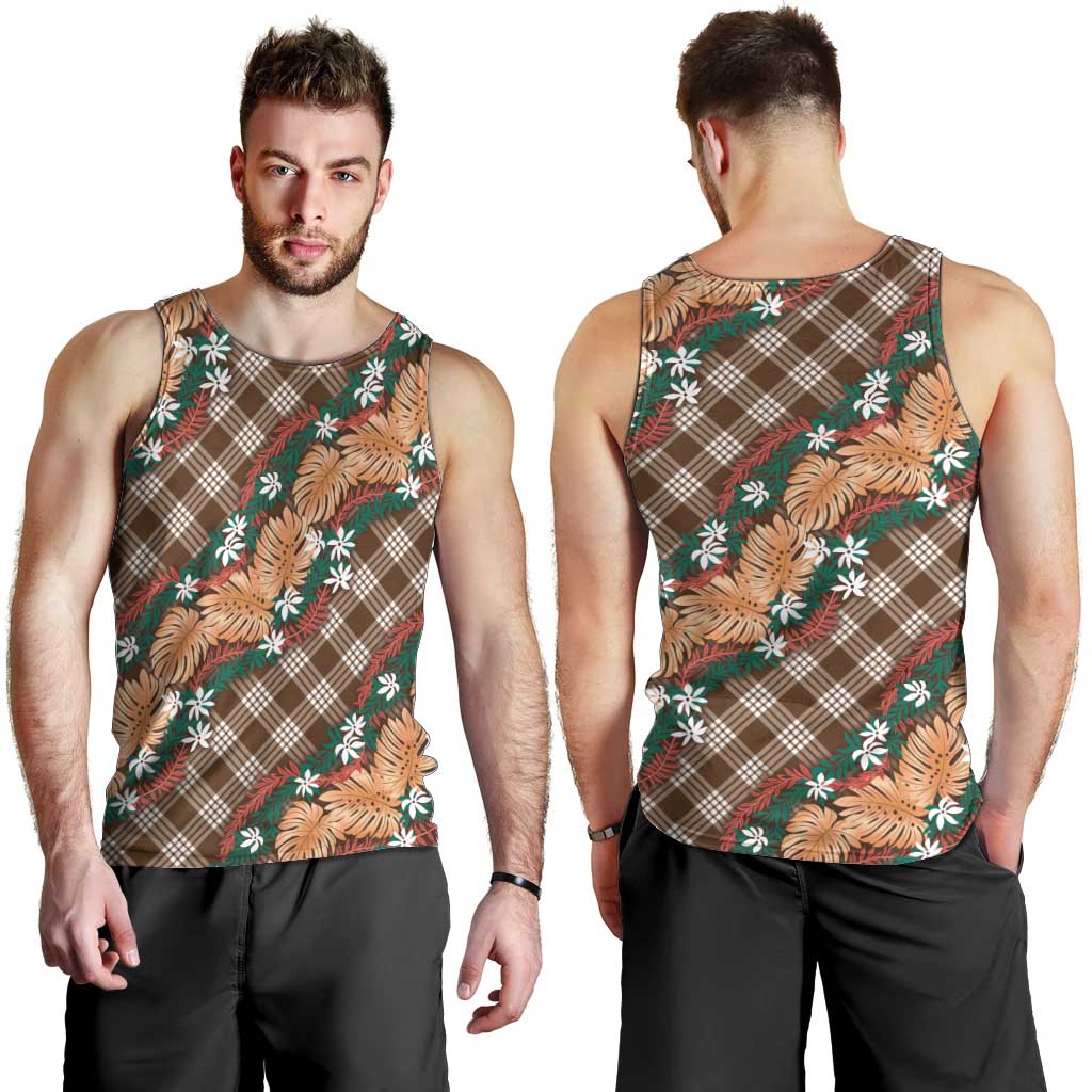 Polynesian Monstera Tiare Floral Men Tank Top Chocolate Brown Tropical Plaid - Polynesian Pride