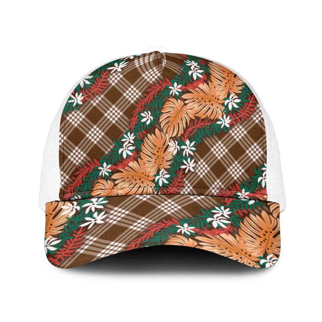 Polynesian Monstera Tiare Floral Mesh Trucker Cap Chocolate Brown Tropical Plaid - Polynesian Pride