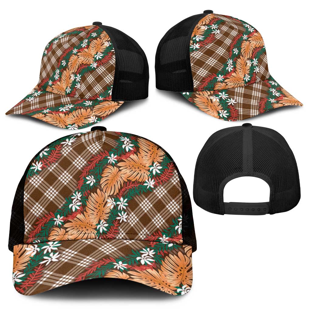 Polynesian Monstera Tiare Floral Mesh Trucker Cap Chocolate Brown Tropical Plaid - Polynesian Pride