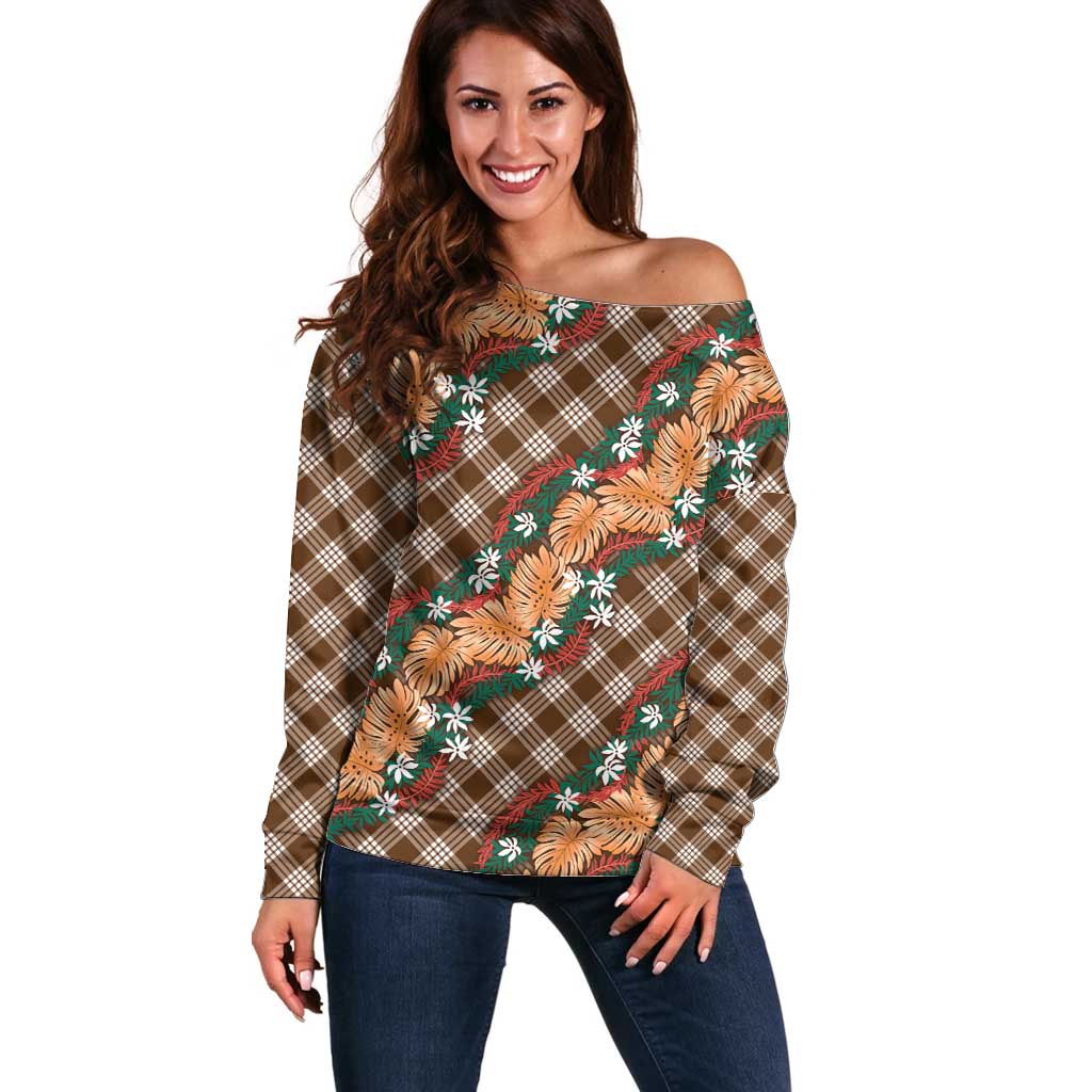 Polynesian Monstera Tiare Floral Off Shoulder Sweater Chocolate Brown Tropical Plaid - Polynesian Pride