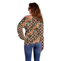 Polynesian Monstera Tiare Floral Off Shoulder Sweater Chocolate Brown Tropical Plaid - Polynesian Pride