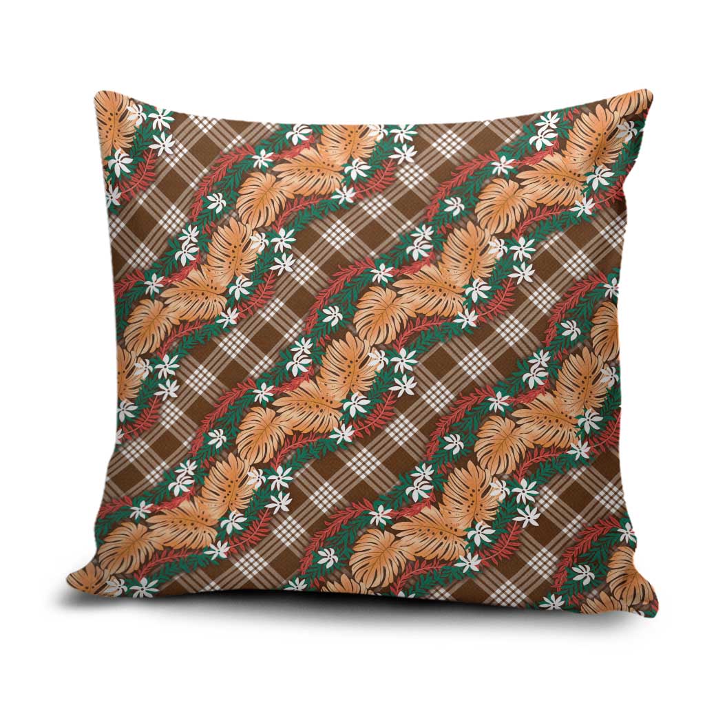 Polynesian Monstera Tiare Floral Pillow Cover Chocolate Brown Tropical Plaid - Polynesian Pride
