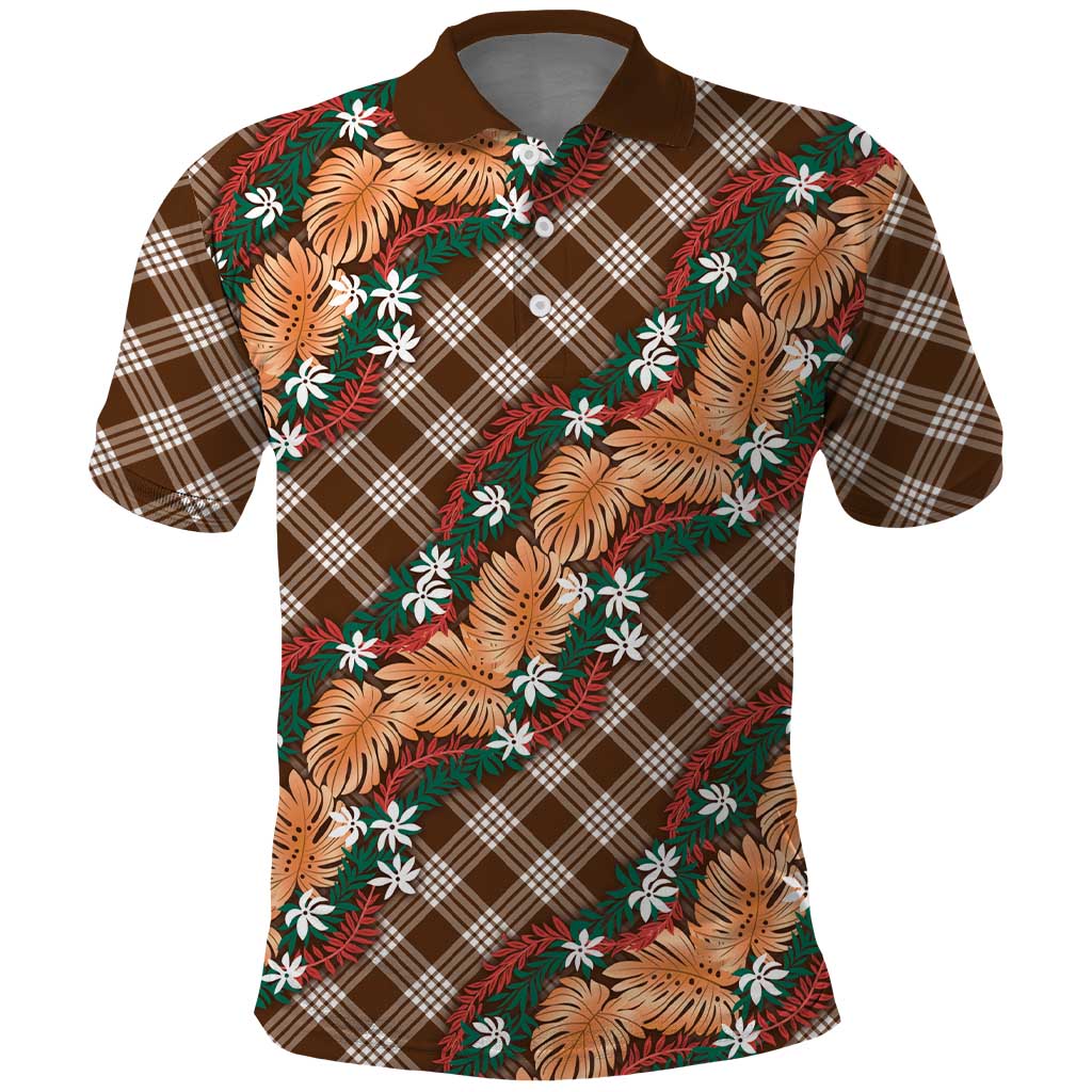 Polynesian Monstera Tiare Floral Polo Shirt Chocolate Brown Tropical Plaid - Polynesian Pride