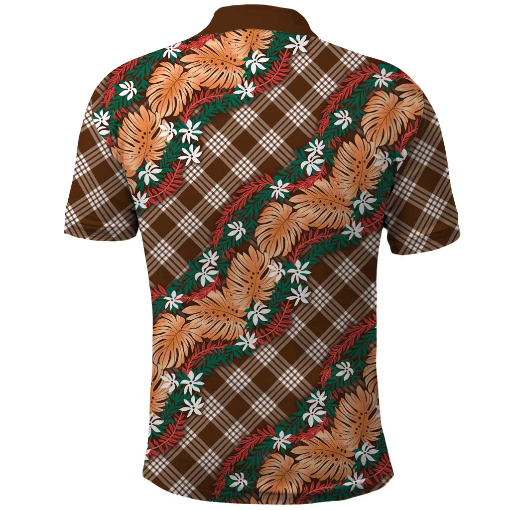 Polynesian Monstera Tiare Floral Polo Shirt Chocolate Brown Tropical Plaid - Polynesian Pride
