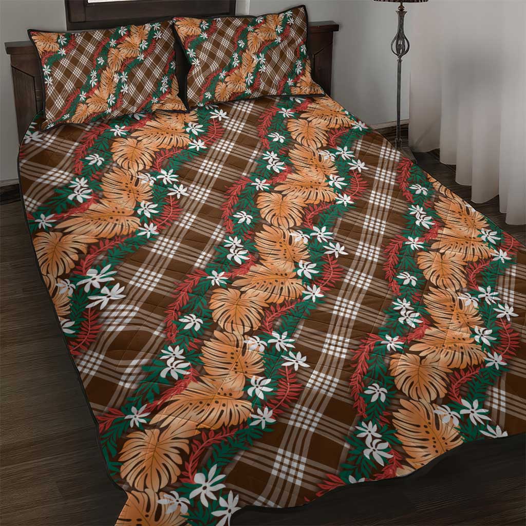 Polynesian Monstera Tiare Floral Quilt Bed Set Chocolate Brown Tropical Plaid - Polynesian Pride