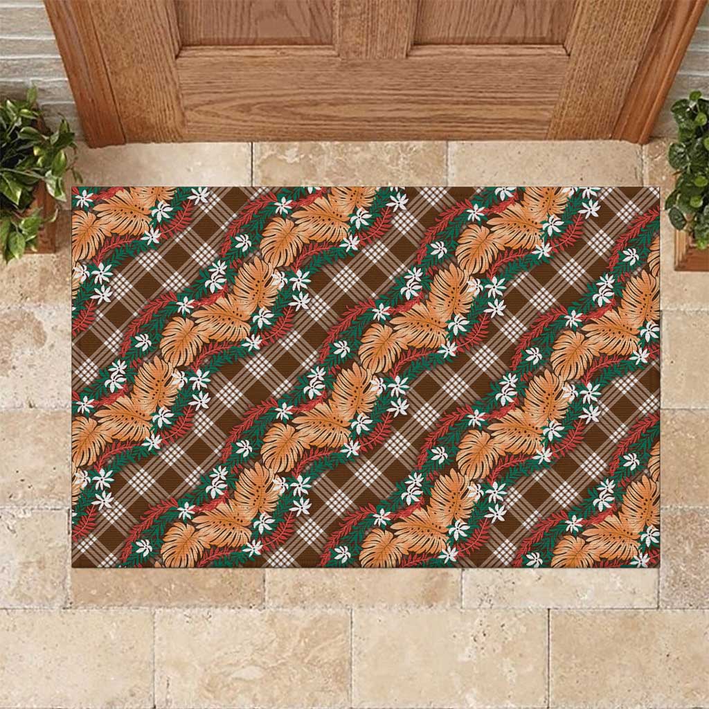 Polynesian Monstera Tiare Floral Rubber Doormat Chocolate Brown Tropical Plaid - Polynesian Pride