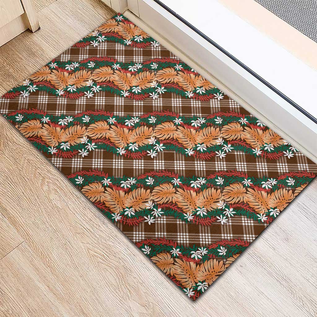 Polynesian Monstera Tiare Floral Rubber Doormat Chocolate Brown Tropical Plaid - Polynesian Pride