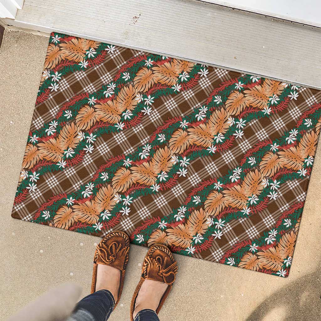 Polynesian Monstera Tiare Floral Rubber Doormat Chocolate Brown Tropical Plaid - Polynesian Pride