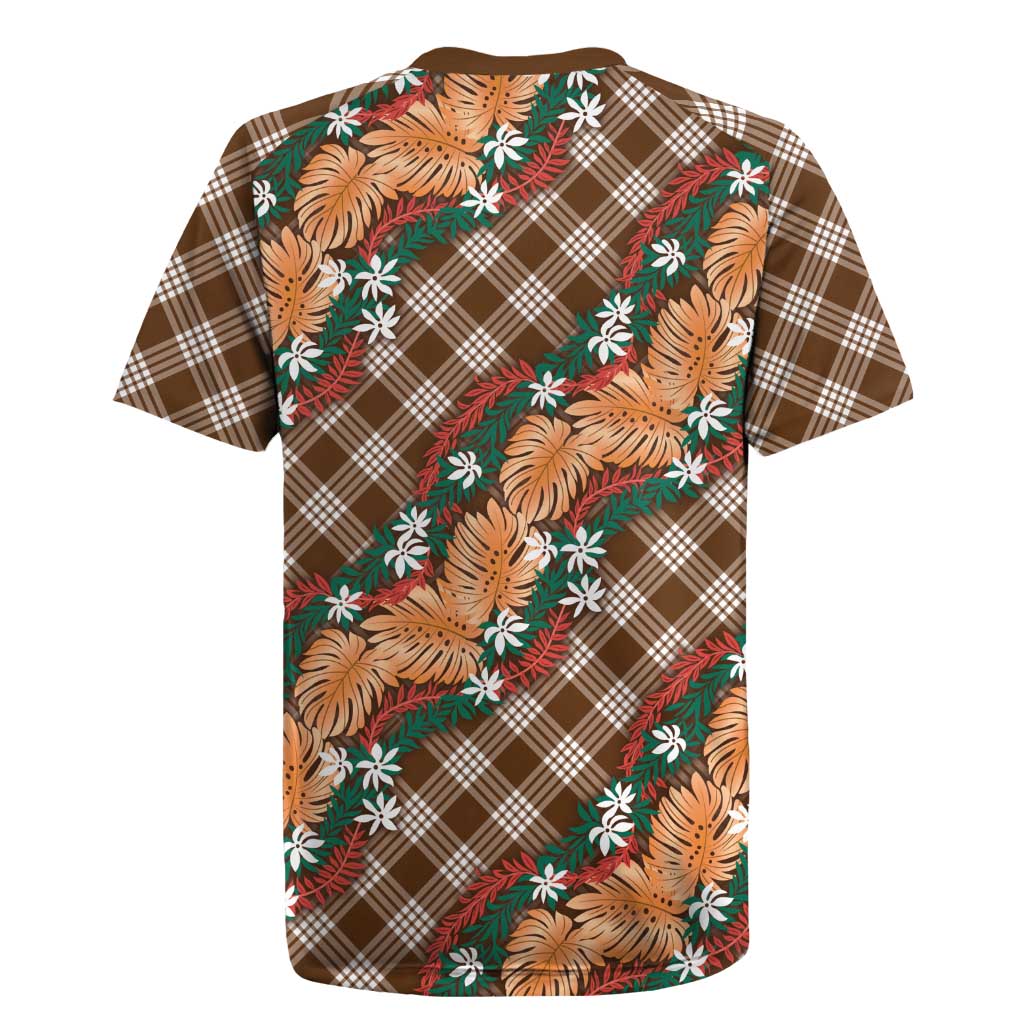 Polynesian Monstera Tiare Floral Rugby Jersey Chocolate Brown Tropical Plaid - Polynesian Pride