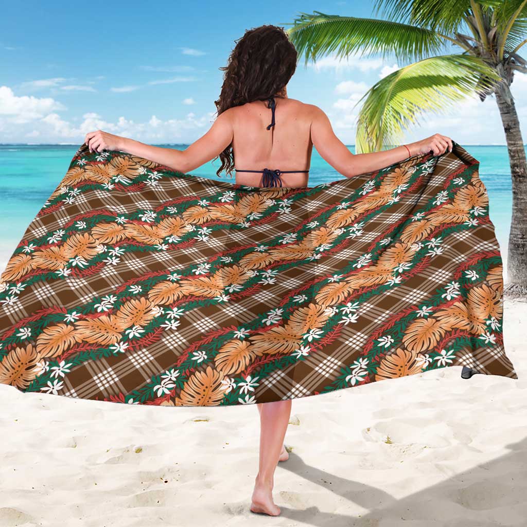 Polynesian Monstera Tiare Floral Sarong Chocolate Brown Tropical Plaid - Polynesian Pride