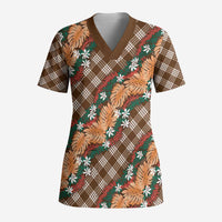 Polynesian Monstera Tiare Floral Scrub Top Chocolate Brown Tropical Plaid - Polynesian Pride