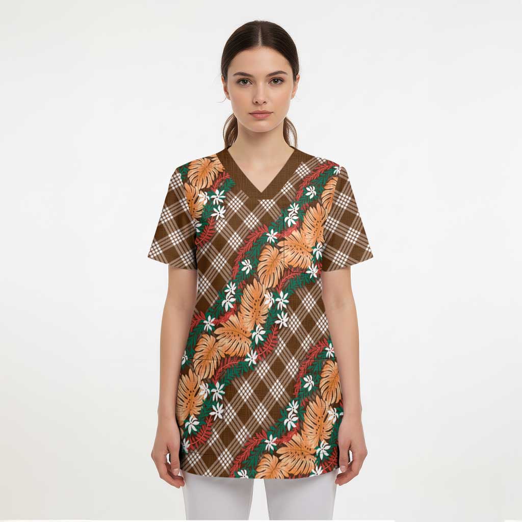 Polynesian Monstera Tiare Floral Scrub Top Chocolate Brown Tropical Plaid - Polynesian Pride