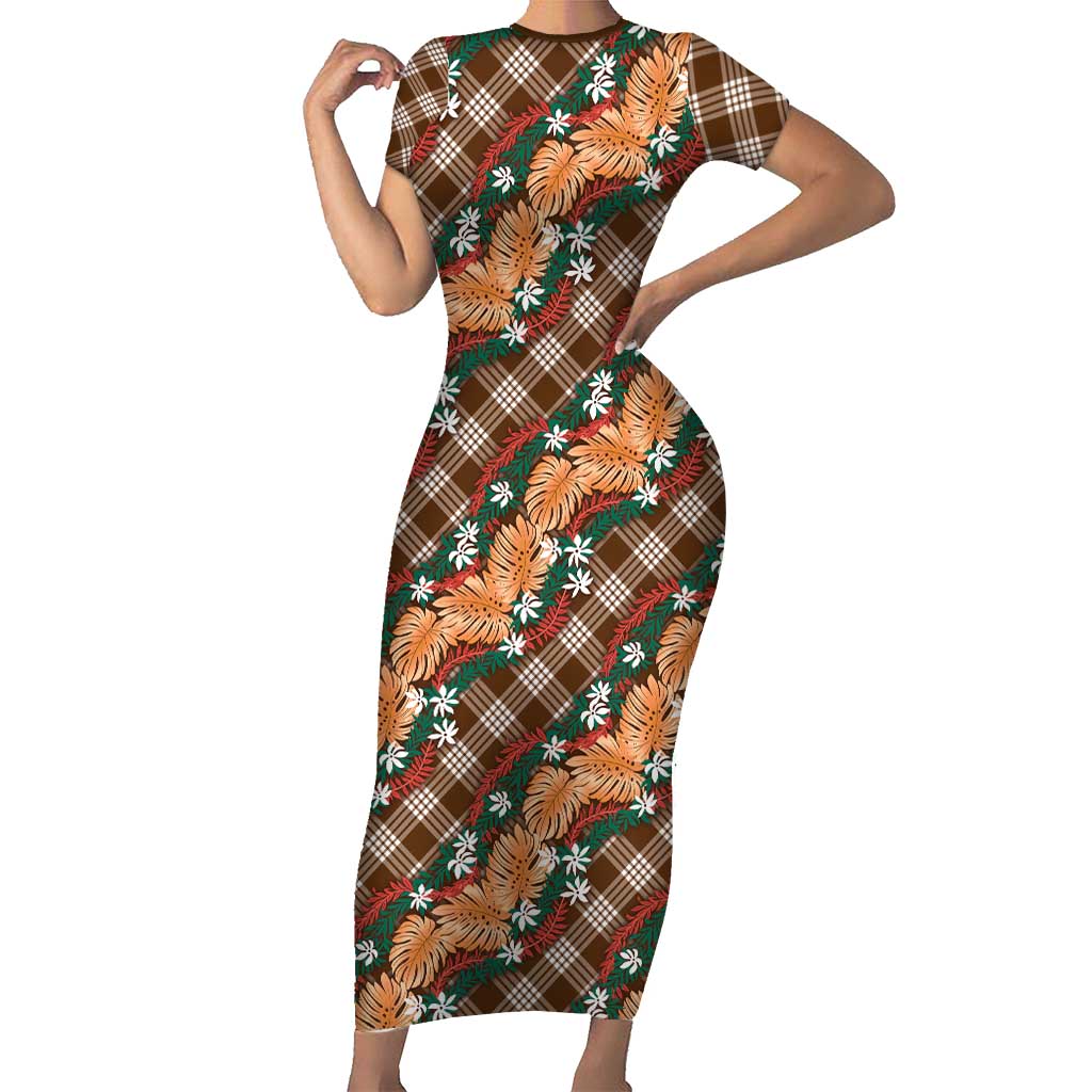 Polynesian Monstera Tiare Floral Short Sleeve Bodycon Dress Chocolate Brown Tropical Plaid - Polynesian Pride