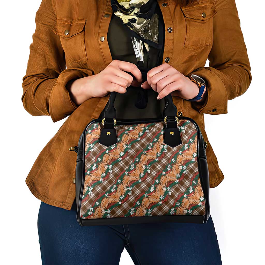 Polynesian Monstera Tiare Floral Shoulder Handbag Chocolate Brown Tropical Plaid - Polynesian Pride