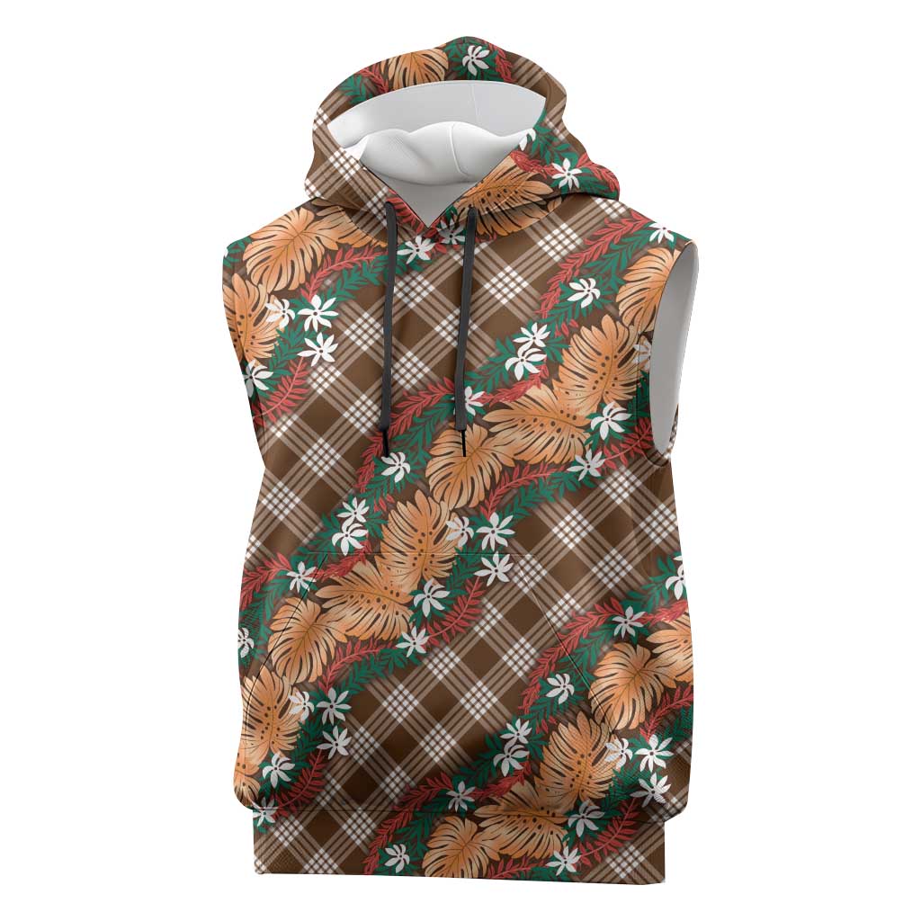 Polynesian Monstera Tiare Floral Sleeveless Hoodie Chocolate Brown Tropical Plaid - Polynesian Pride