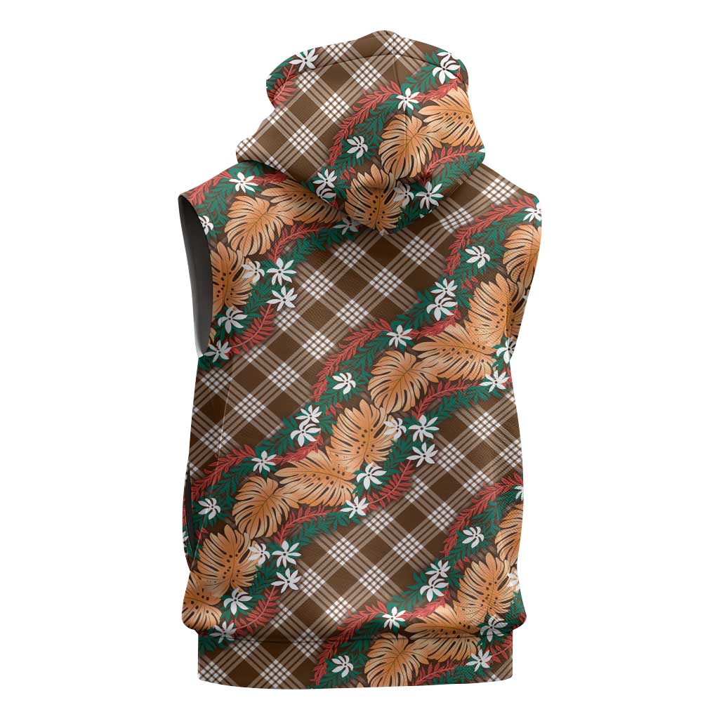 Polynesian Monstera Tiare Floral Sleeveless Hoodie Chocolate Brown Tropical Plaid - Polynesian Pride