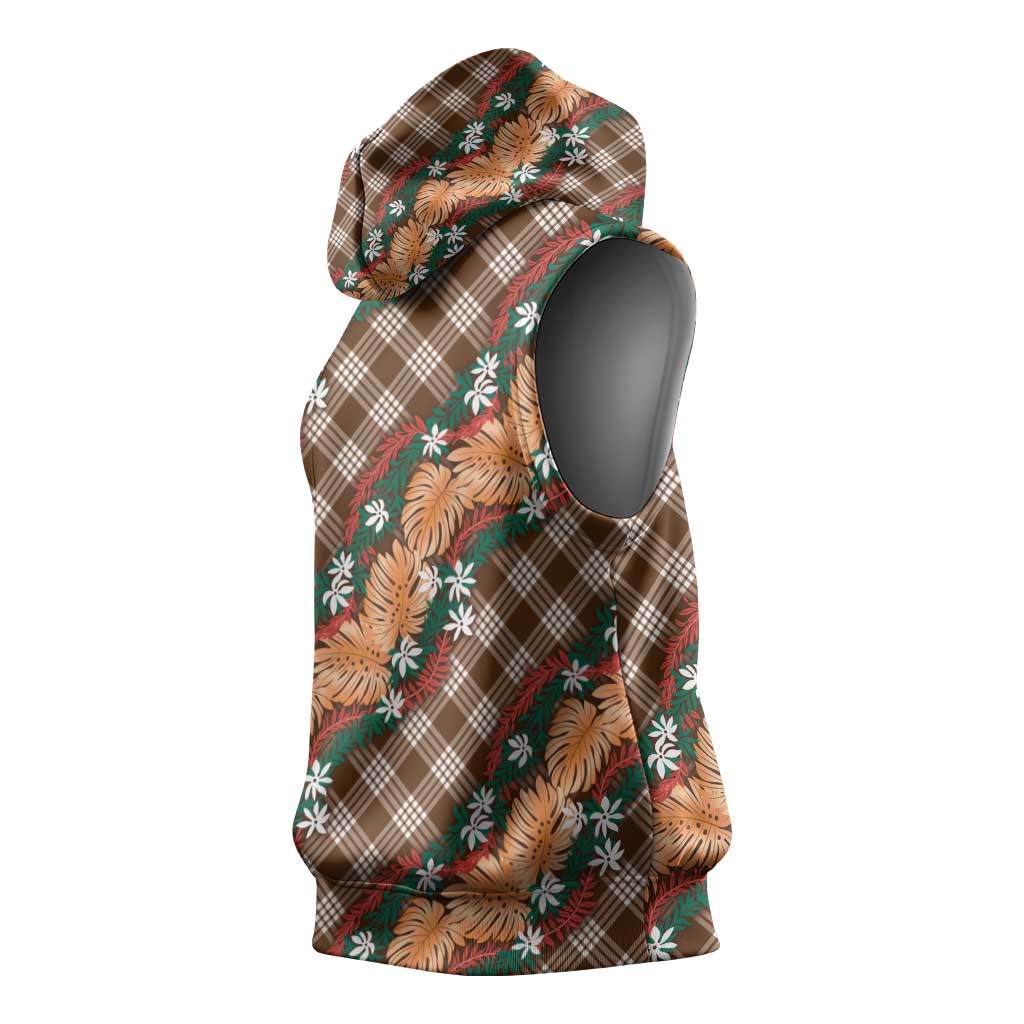 Polynesian Monstera Tiare Floral Sleeveless Hoodie Chocolate Brown Tropical Plaid - Polynesian Pride