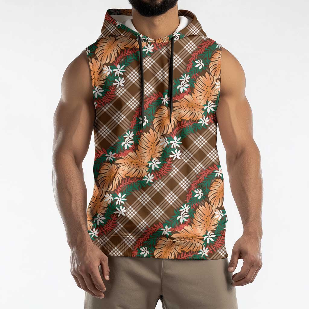 Polynesian Monstera Tiare Floral Sleeveless Hoodie Chocolate Brown Tropical Plaid - Polynesian Pride