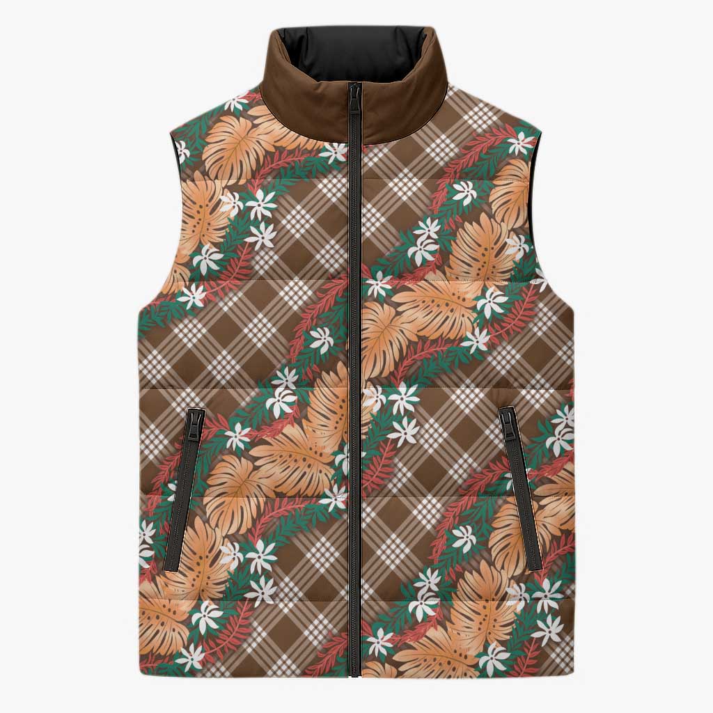 Polynesian Monstera Tiare Floral Sleeveless Puffer Jacket Chocolate Brown Tropical Plaid - Polynesian Pride