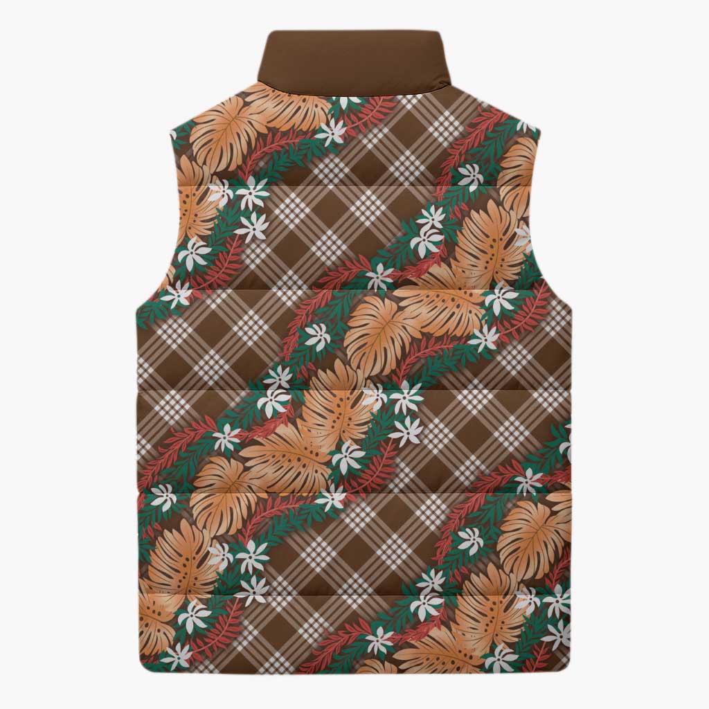 Polynesian Monstera Tiare Floral Sleeveless Puffer Jacket Chocolate Brown Tropical Plaid - Polynesian Pride