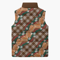 Polynesian Monstera Tiare Floral Sleeveless Puffer Jacket Chocolate Brown Tropical Plaid - Polynesian Pride