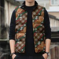 Polynesian Monstera Tiare Floral Sleeveless Puffer Jacket Chocolate Brown Tropical Plaid - Polynesian Pride