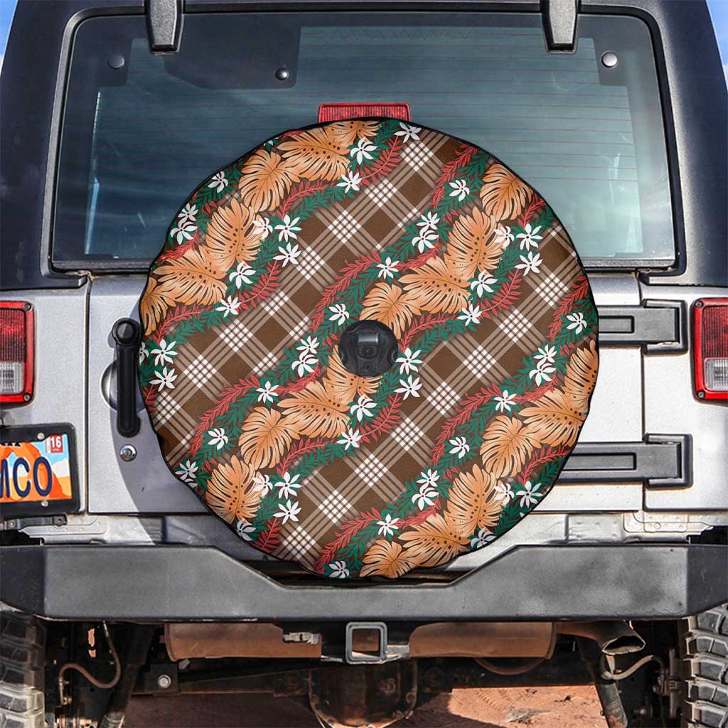 Polynesian Monstera Tiare Floral Spare Tire Cover Chocolate Brown Tropical Plaid - Polynesian Pride