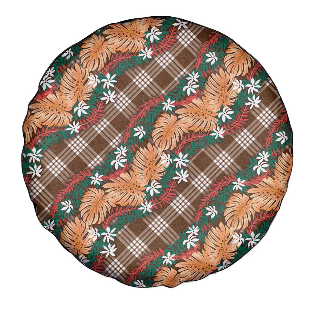 Polynesian Monstera Tiare Floral Spare Tire Cover Chocolate Brown Tropical Plaid - Polynesian Pride
