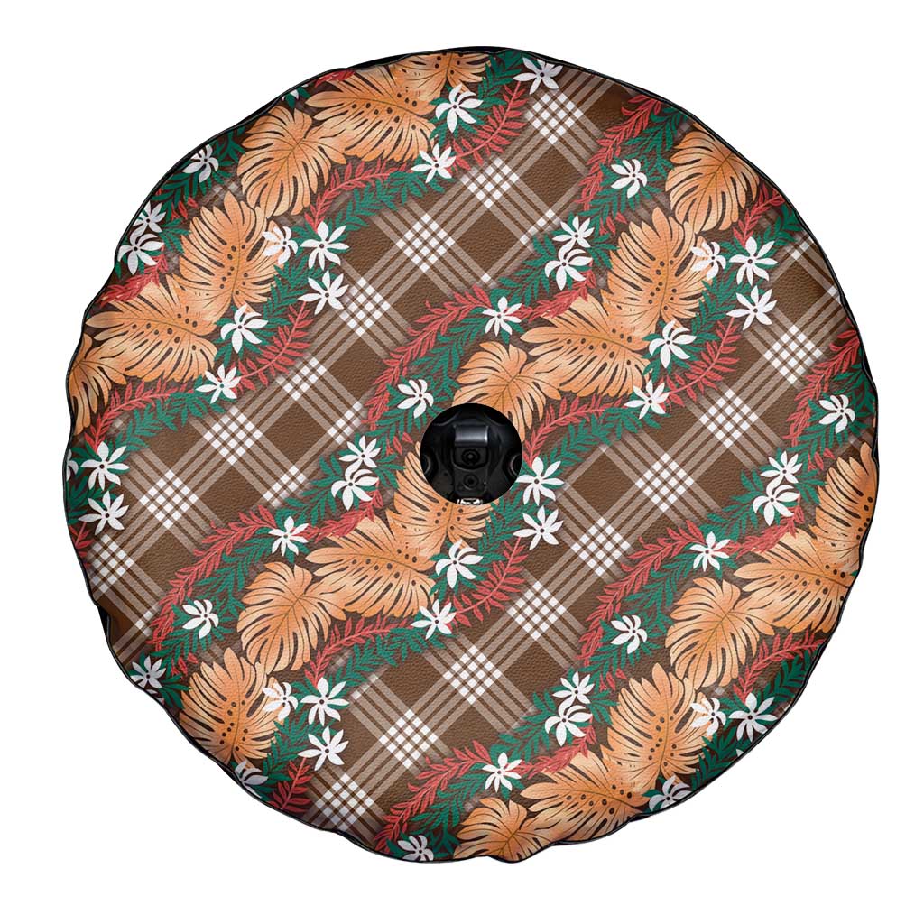 Polynesian Monstera Tiare Floral Spare Tire Cover Chocolate Brown Tropical Plaid - Polynesian Pride