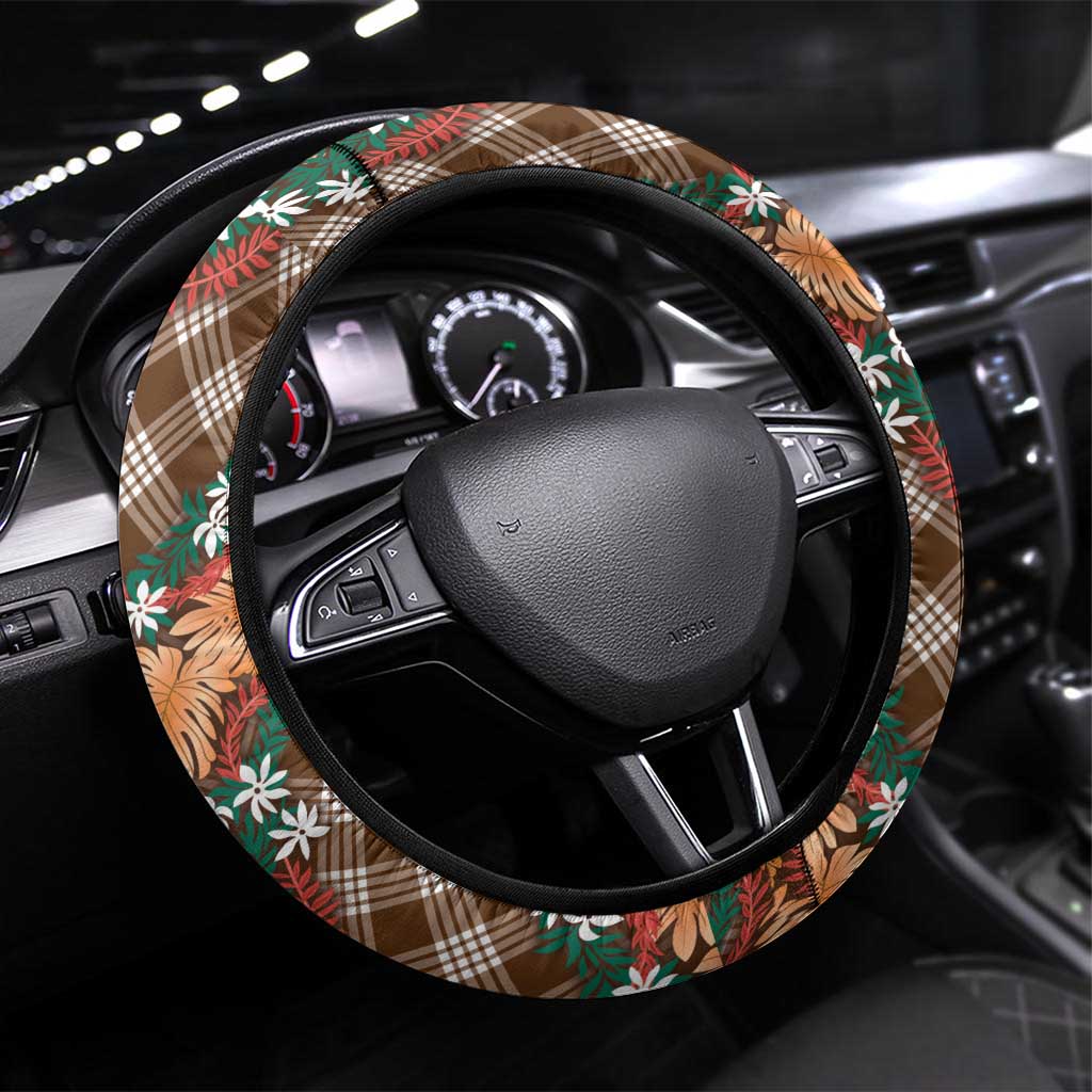 Polynesian Monstera Tiare Floral Steering Wheel Cover Chocolate Brown Tropical Plaid - Polynesian Pride