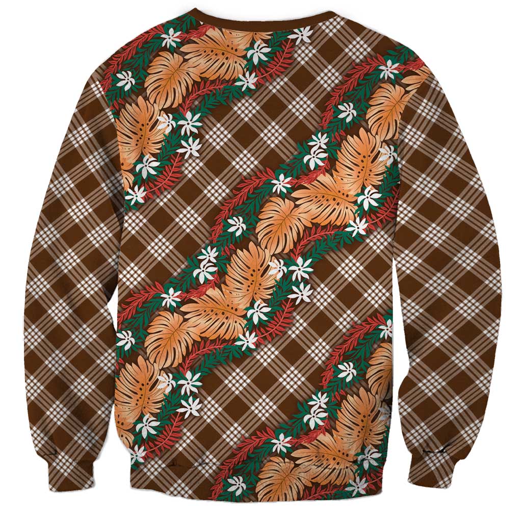 Polynesian Monstera Tiare Floral Sweatshirt Chocolate Brown Tropical Plaid - Polynesian Pride