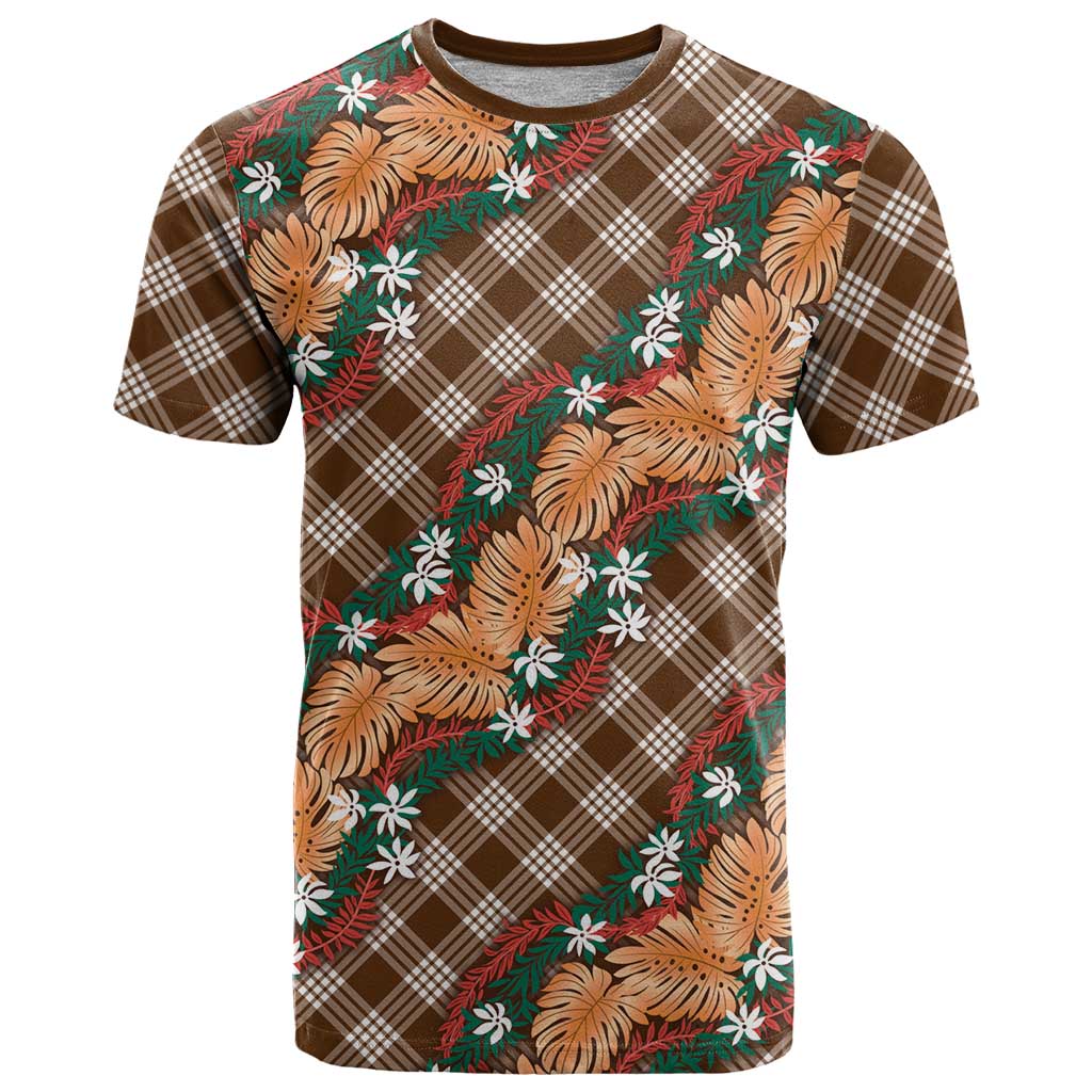 Polynesian Monstera Tiare Floral T Shirt Chocolate Brown Tropical Plaid - Polynesian Pride