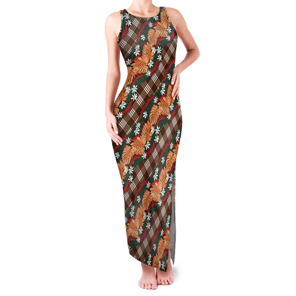 Polynesian Monstera Tiare Floral Tank Maxi Dress Chocolate Brown Tropical Plaid - Polynesian Pride