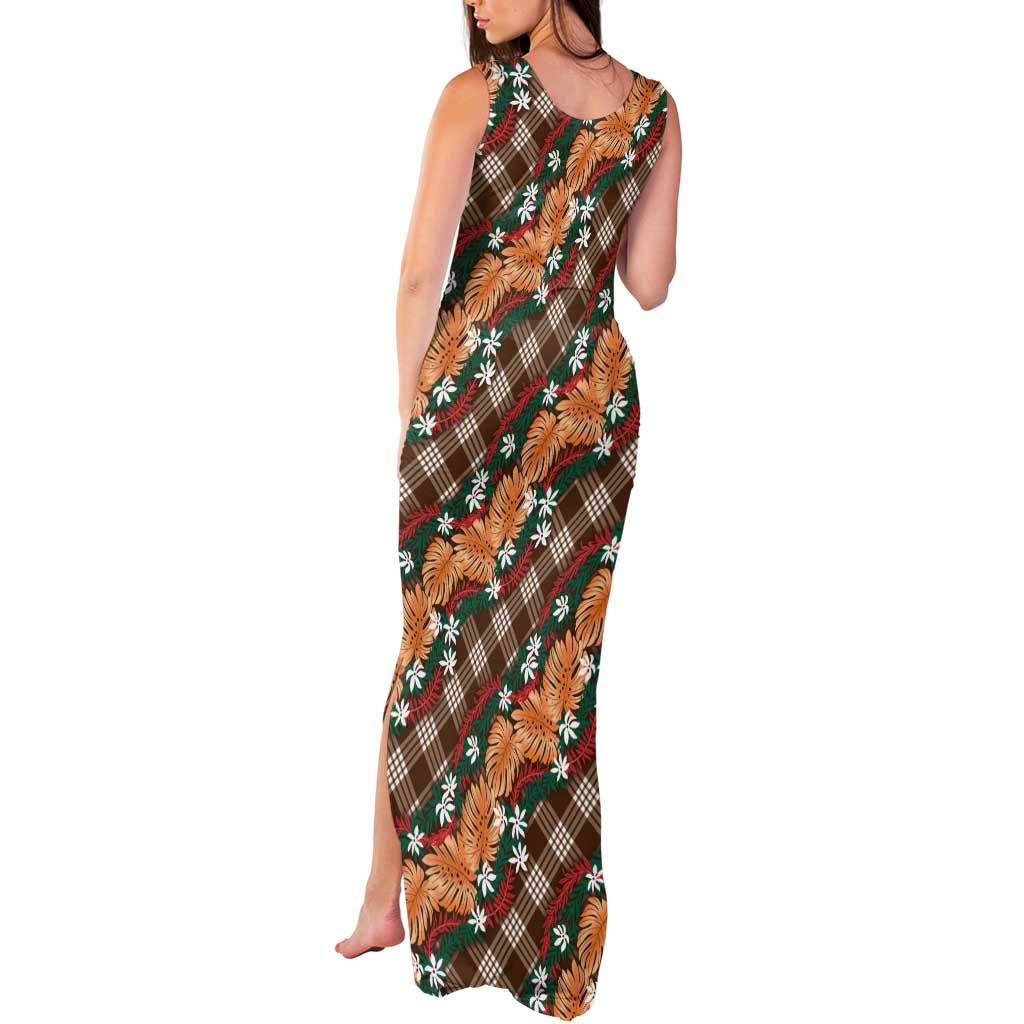 Polynesian Monstera Tiare Floral Tank Maxi Dress Chocolate Brown Tropical Plaid - Polynesian Pride