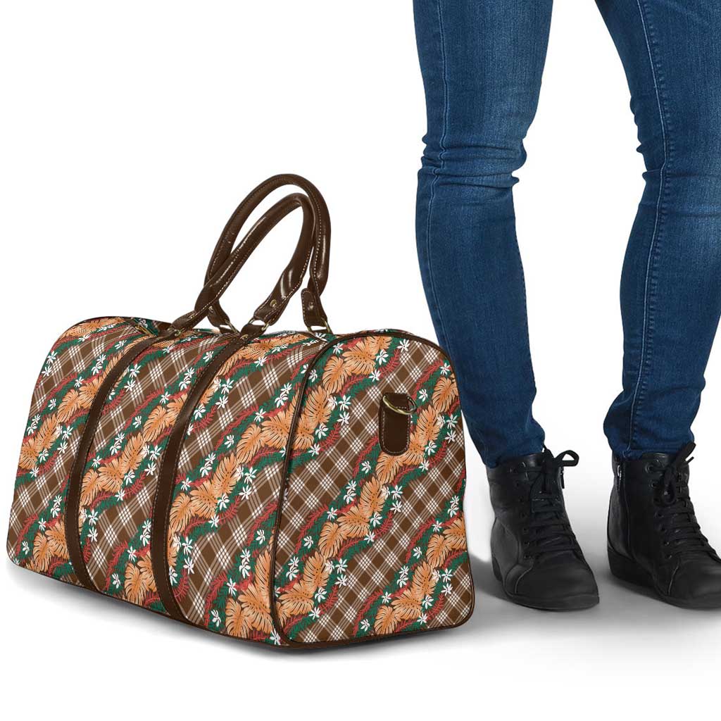 Polynesian Monstera Tiare Floral Travel Bag Chocolate Brown Tropical Plaid - Polynesian Pride