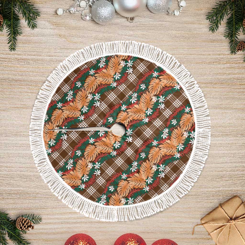Polynesian Monstera Tiare Floral Tree Skirt Chocolate Brown Tropical Plaid - Polynesian Pride