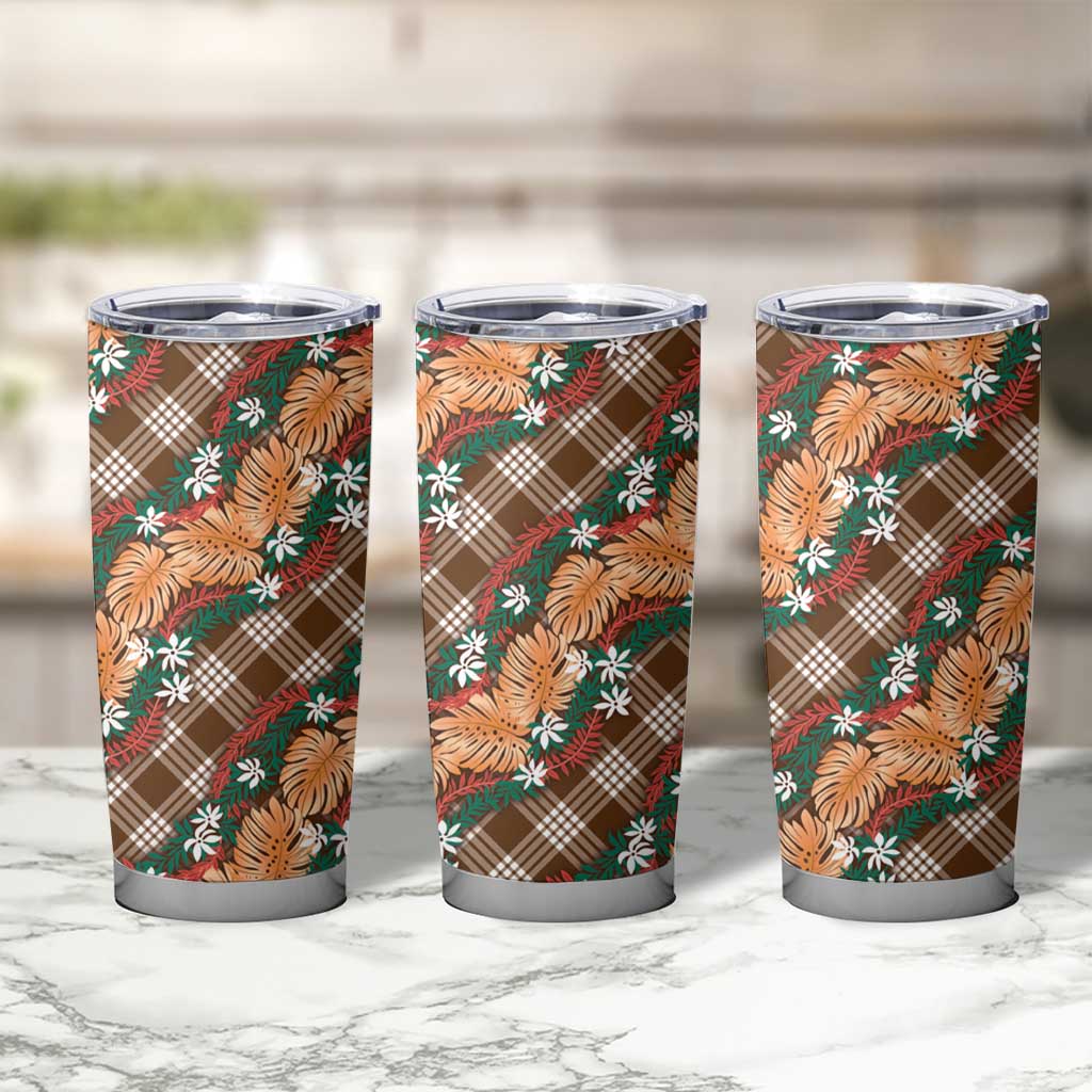 Polynesian Monstera Tiare Floral Tumbler Cup Chocolate Brown Tropical Plaid - Polynesian Pride