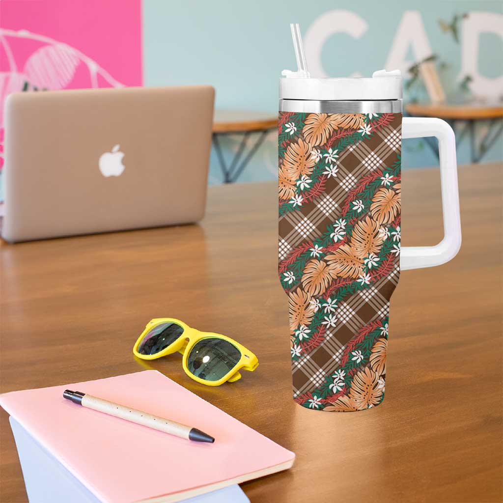 Polynesian Monstera Tiare Floral Tumbler With Handle Chocolate Brown Tropical Plaid - Polynesian Pride