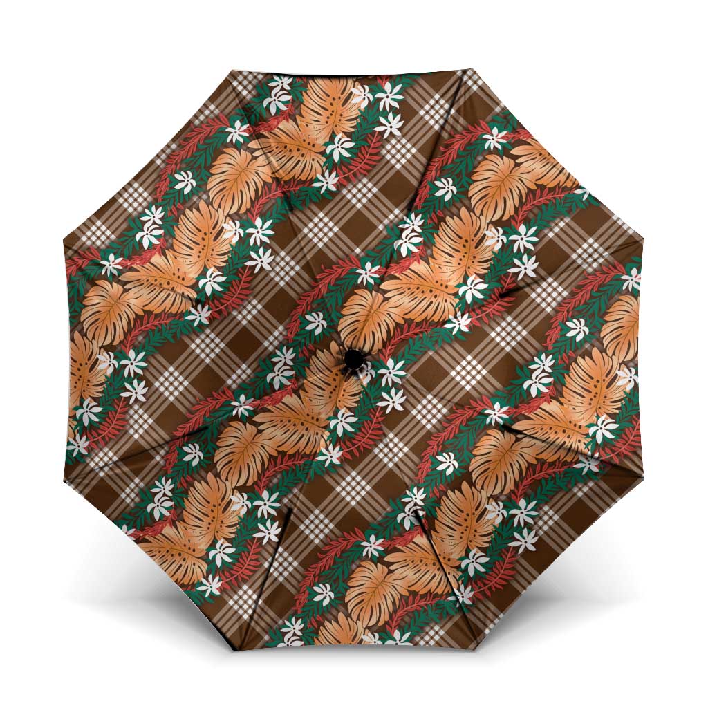 Polynesian Monstera Tiare Floral Umbrella Chocolate Brown Tropical Plaid - Polynesian Pride