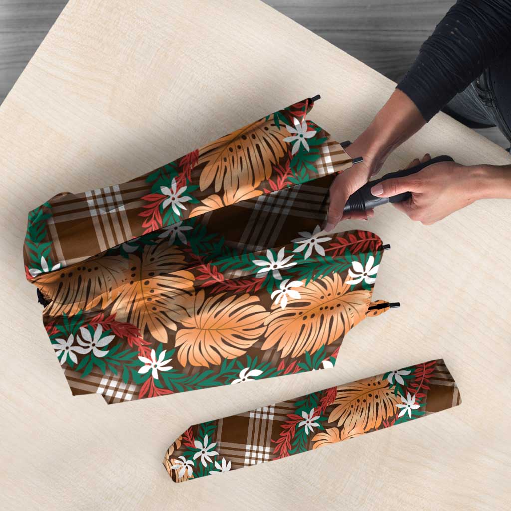 Polynesian Monstera Tiare Floral Umbrella Chocolate Brown Tropical Plaid - Polynesian Pride
