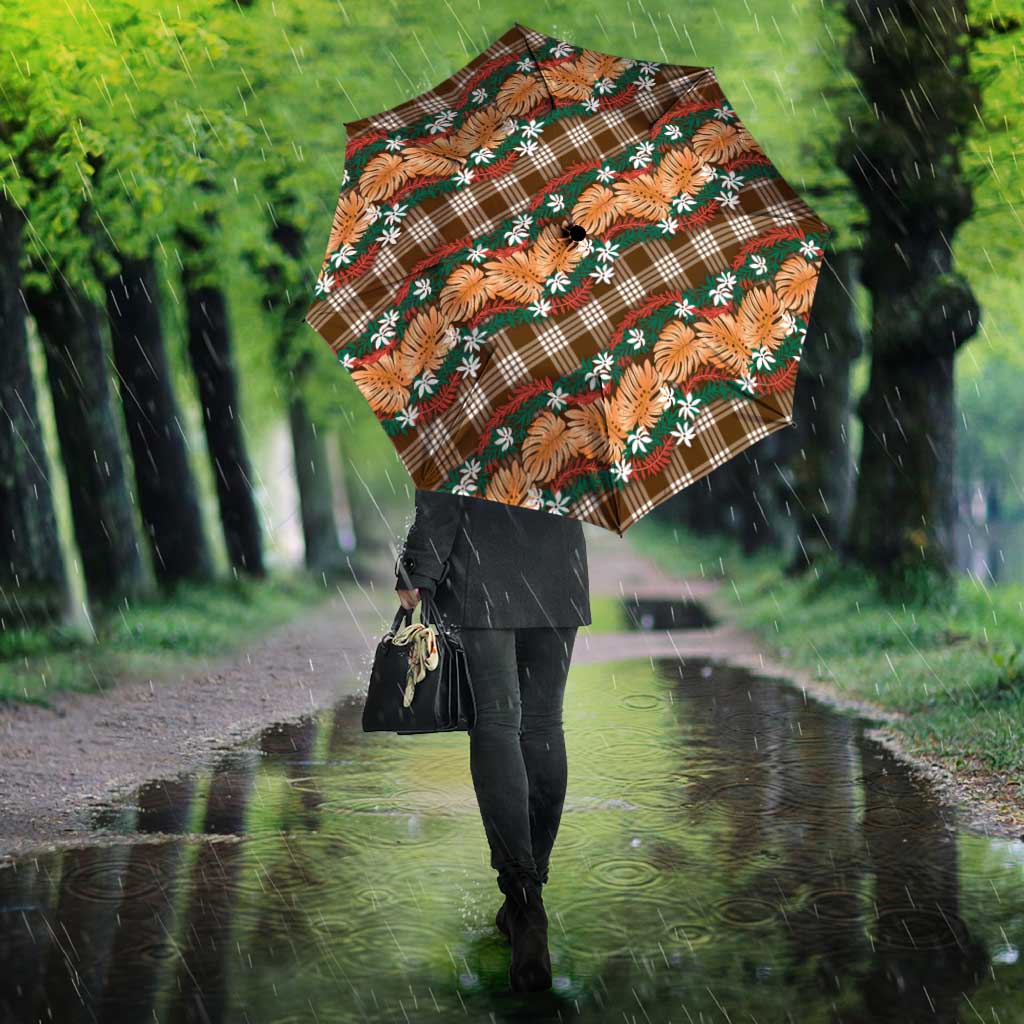 Polynesian Monstera Tiare Floral Umbrella Chocolate Brown Tropical Plaid - Polynesian Pride