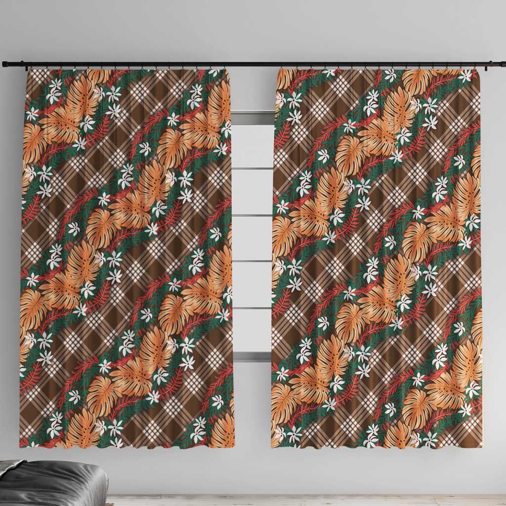 Polynesian Monstera Tiare Floral Window Curtain Chocolate Brown Tropical Plaid - Polynesian Pride