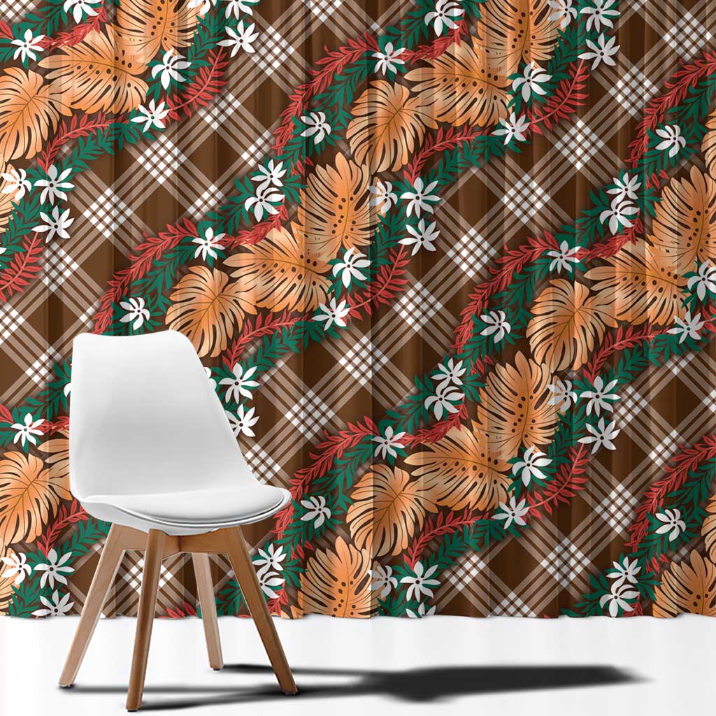 Polynesian Monstera Tiare Floral Window Curtain Chocolate Brown Tropical Plaid - Polynesian Pride
