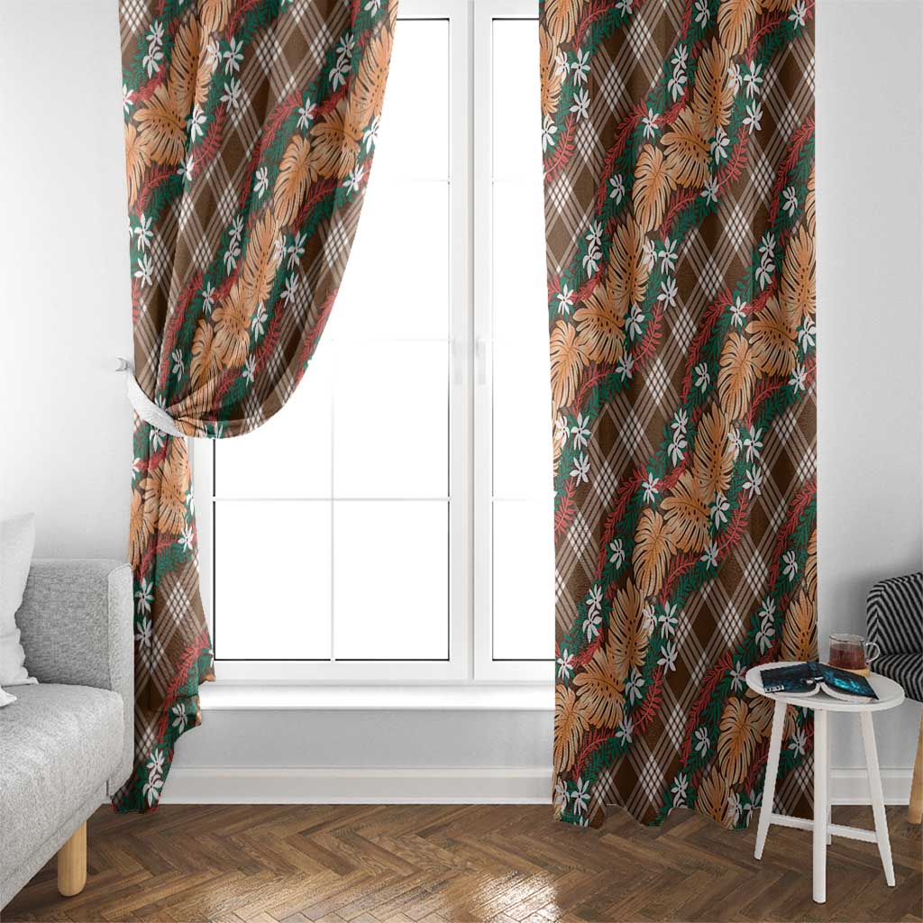 Polynesian Monstera Tiare Floral Window Curtain Chocolate Brown Tropical Plaid - Polynesian Pride