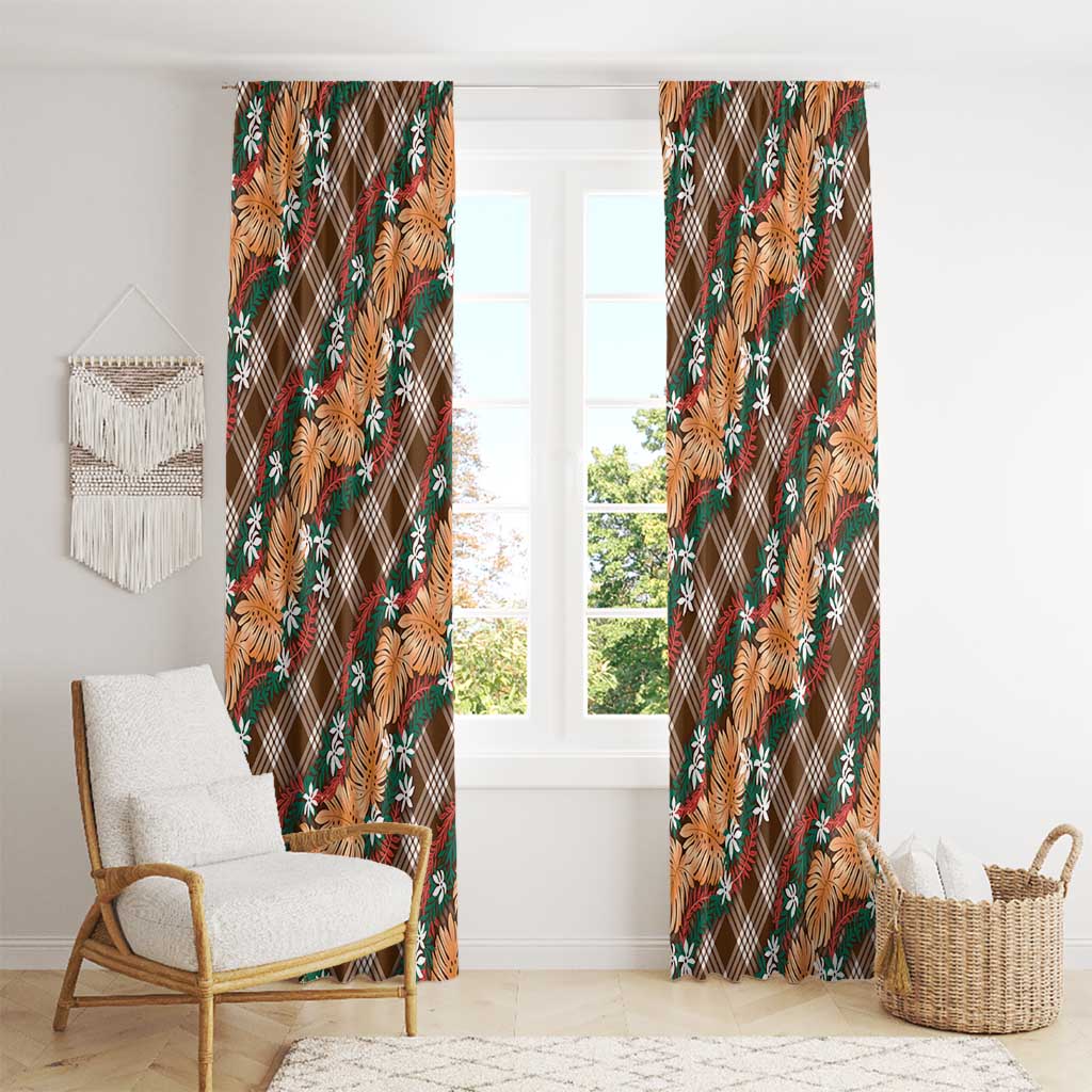 Polynesian Monstera Tiare Floral Window Curtain Chocolate Brown Tropical Plaid - Polynesian Pride